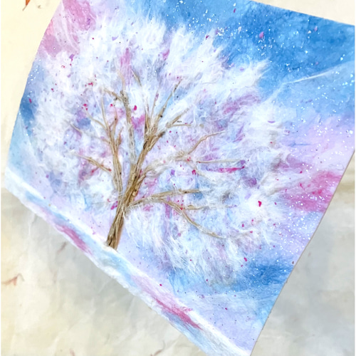 和紙ちぎり絵『ふわふわの木（ホワイトピンクブルー）』葉書サイズ原画