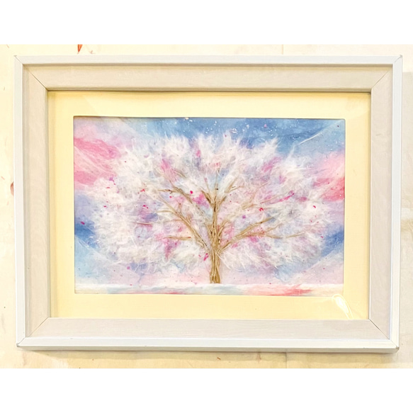 和紙ちぎり絵『ふわふわの木（ホワイトピンクブルー）』葉書サイズ原画