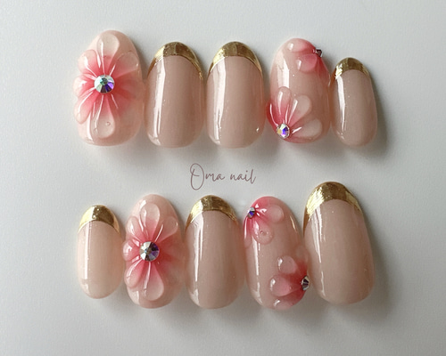 ネイルチップニュアンスぷっくり花リボンミラー淡色【現品】990 ネイルチップニュアンスぷっくり花リボンミラー淡色【現品】990