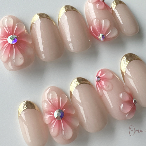 ネイルチップ受注生産】ぷっくりフラワー ミラーフレンチネイル