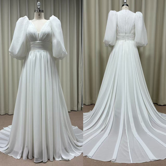 パーティー 結婚式 シフォン パフスリーブ ドレス 花柄 シフォン パフスリーブ パーティードレス 韓国 大人可愛い