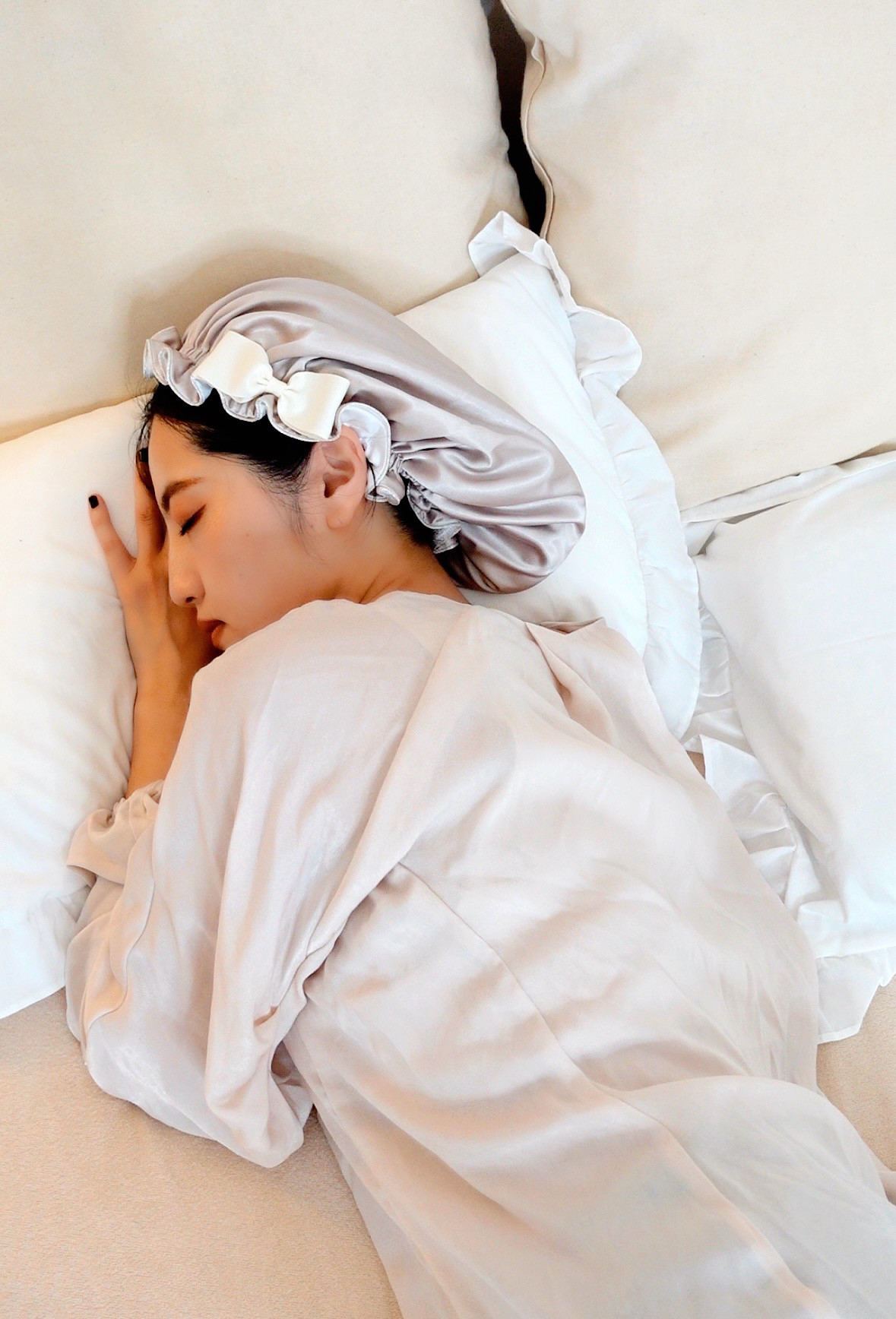 【完売・生地サスティナブルに変更となります】8歳-大人 洗える国産シルクナイトキャップパイピング リボン