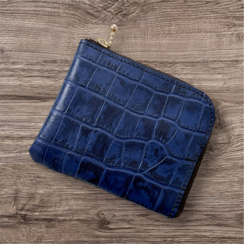 サマーセール】コンパクト L字財布 ミニ クロコダイル ネイビー その他