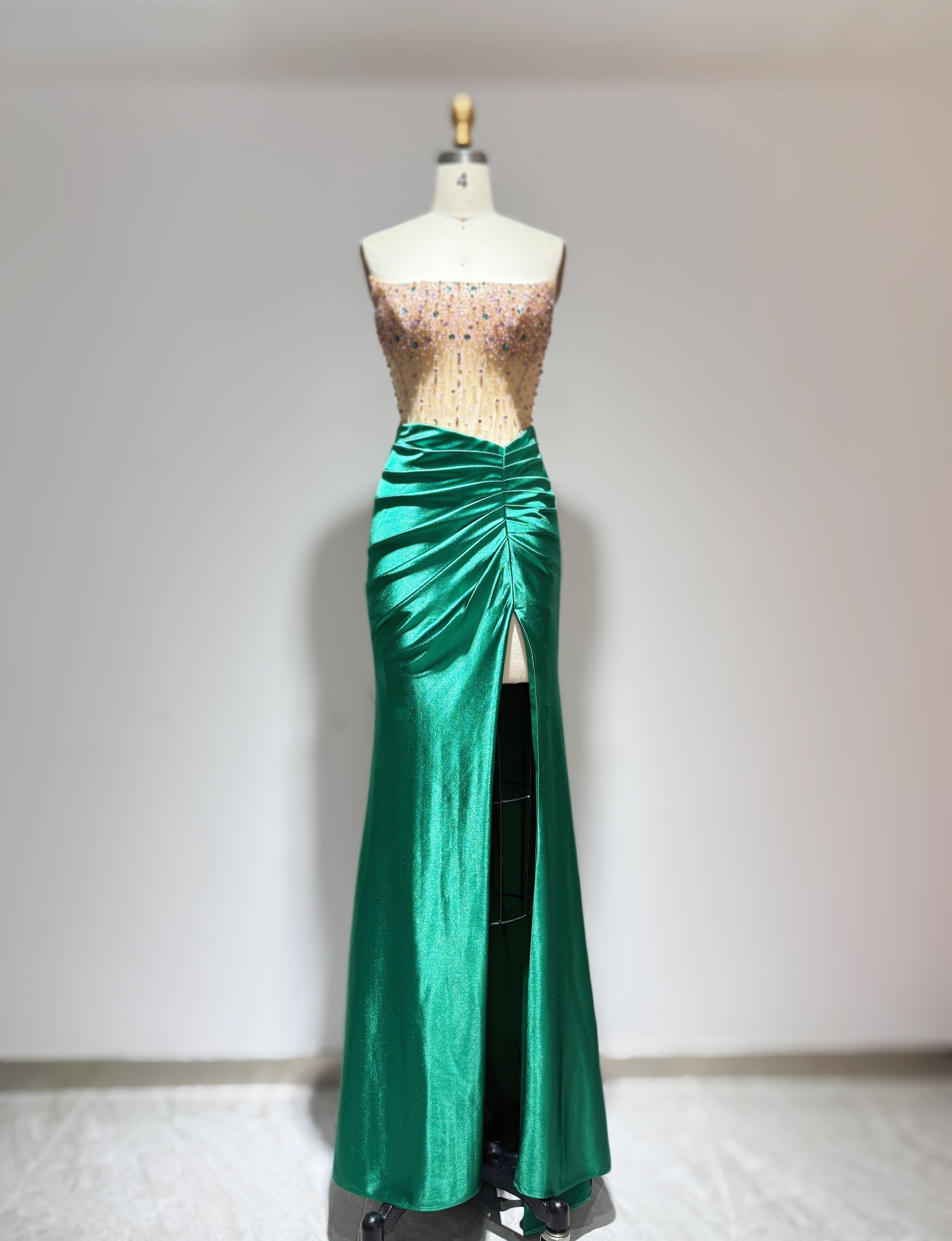 新作送料無料　キラキラストーン　グリーン　音楽会衣装ロケーションフォト　チューブトップ袖無し　優雅エレガントカラードレス