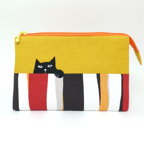 母の日ギフト2025＞ねこ刺繍アップリケ付き口が大きく開くテントポーチ