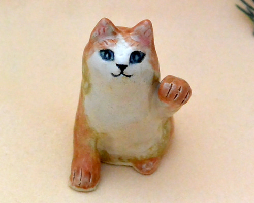 招き猫 左手上げ まねきねこ 茶系ハチワレ ネコねこ 手作り陶芸 陶器の