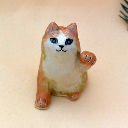 招き猫 左手上げ まねきねこ 茶系ハチワレ ネコねこ 手作り陶芸 陶器の