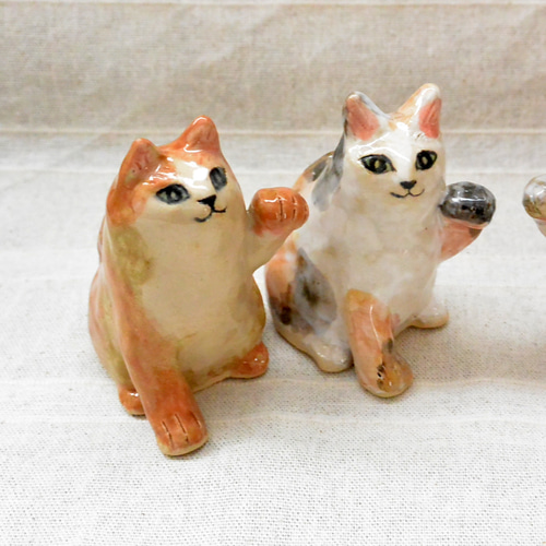 招き猫 左手上げ まねきねこ 茶系ハチワレ ネコねこ 手作り陶芸 陶器の