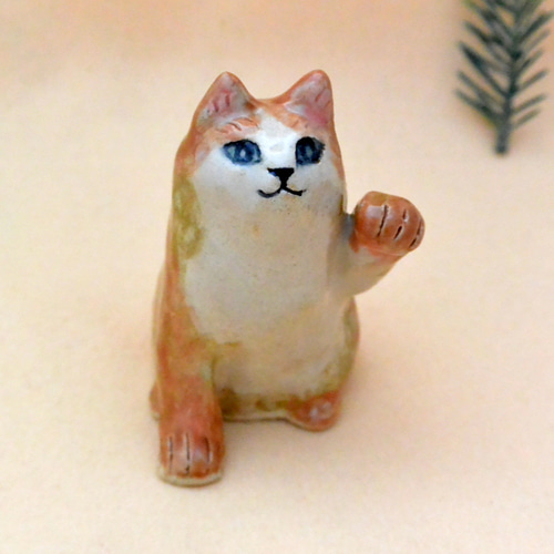 招き猫 左手上げ まねきねこ 茶系ハチワレ ネコねこ 手作り陶芸 陶器の