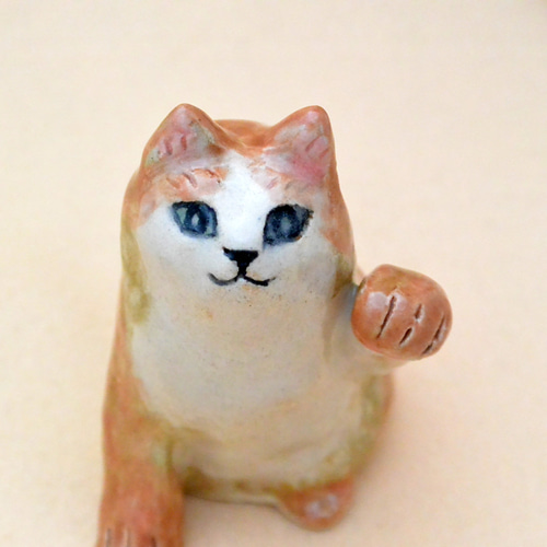 招き猫 左手上げ まねきねこ 茶系ハチワレ ネコねこ 手作り陶芸 陶器の