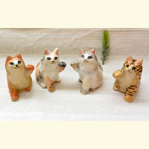 招き猫 左手上げ まねきねこ 茶系ハチワレ ネコねこ 手作り陶芸 陶器の