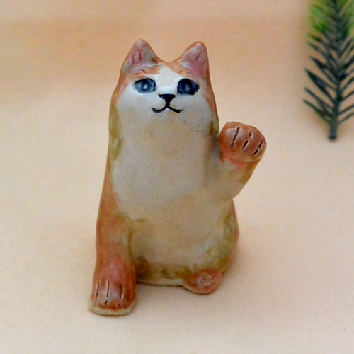 招き猫 左手上げ まねきねこ 茶系ハチワレ ネコねこ 手作り陶芸 陶器の