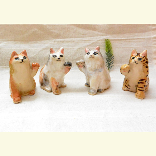 招き猫 左手上げ まねきねこ 茶系ハチワレ ネコねこ 手作り陶芸 陶器の
