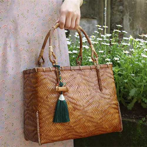 山葡萄 大きな六角花結び編み 山葡萄 かごバッグ 手編み 手提げ 内布