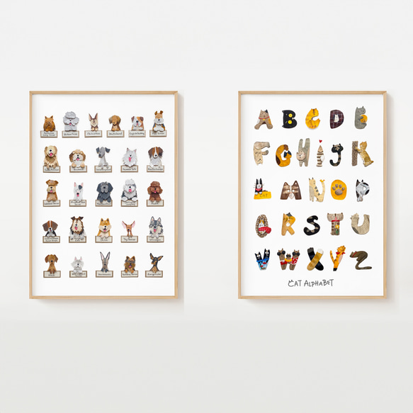 A Dog's /A Cat's イラスト大判ABCポスター 2枚/円筒容器 ABC犬 ABC猫 (お得な2枚セット) A4 ポスター 壁飾り 絵画 インテリア