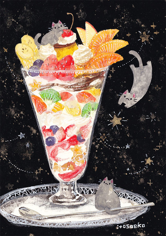 自作絵画 ねこ パフェ 絵画「星のフルーツパフェとネコたち」 絵画 伊藤彩恵子 通販 19136558