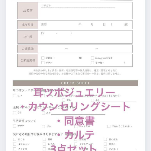 耳つぼジュエリーセラピスト講座 テキスト カウンセリングシート