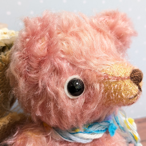 おめめくりくりカーリーモヘアのピンクなテディベア ぬいぐるみ