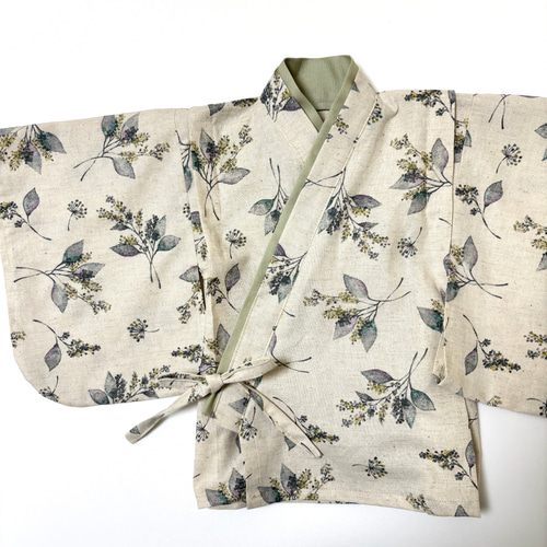 ベビー袴／完成品即納70~80/ミモザリーフ✖️くすみグリーン男の子