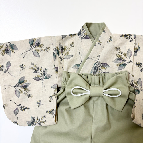 ベビー袴／完成品即納70~80/ミモザリーフ✖️くすみグリーン男の子