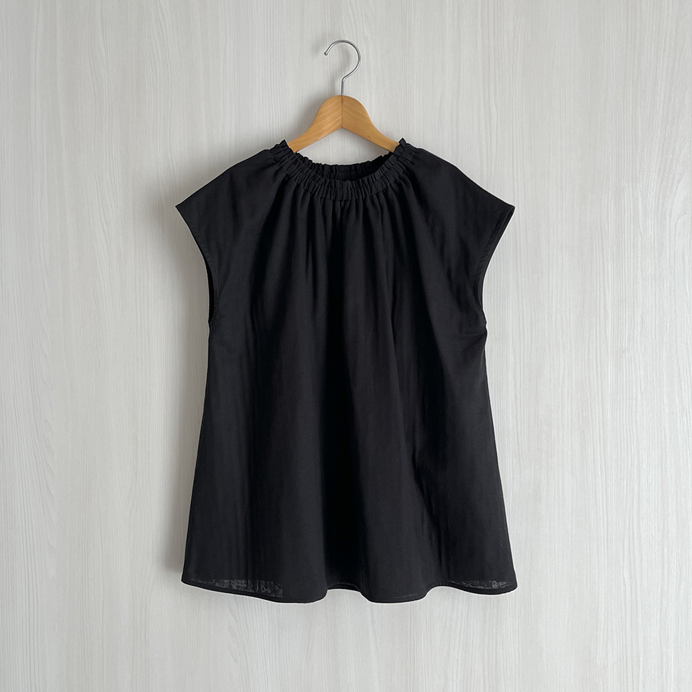 フレンチ袖クルーギャザープルオーバー_ダブルガーゼ綿100％_Black