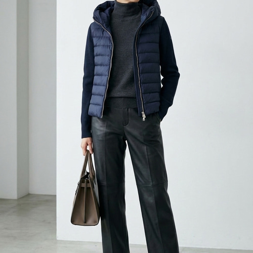 ダウンジャケット ニット袖付き 黒グレー ニットスリーブダウンジャケット｜デート服 ダウンジャケット|デート服