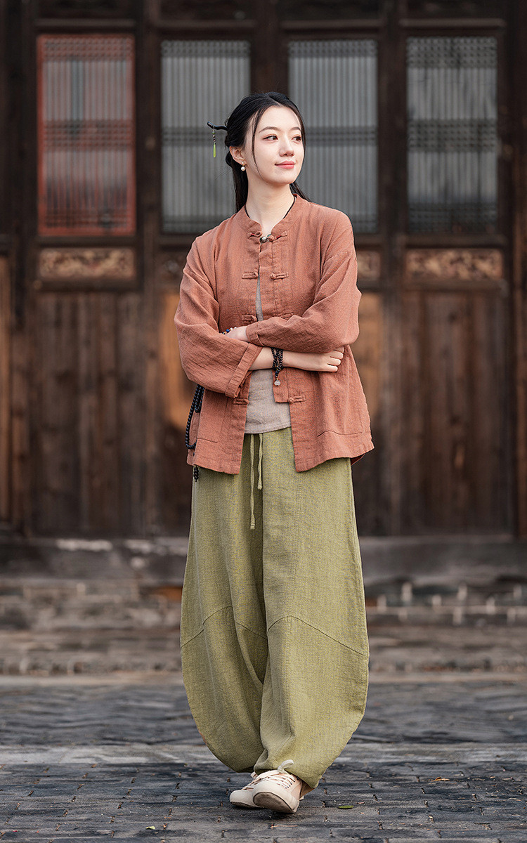 手作ラミー麻綿襟を開くシャツ 綿制ブラウス #赤橙色