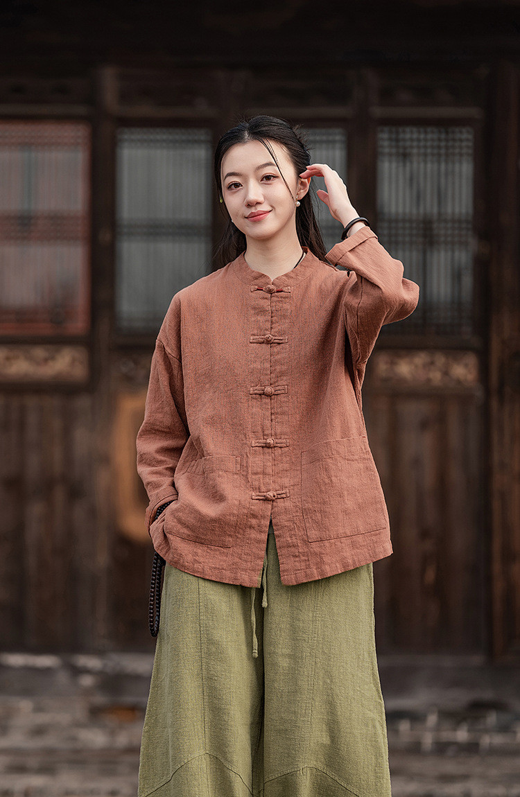 手作ラミー麻綿襟を開くシャツ 綿制ブラウス #赤橙色