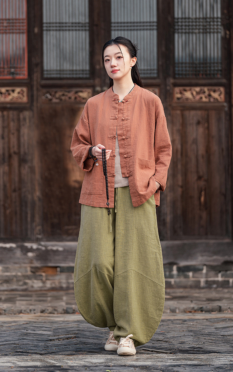 手作ラミー麻綿襟を開くシャツ 綿制ブラウス #赤橙色