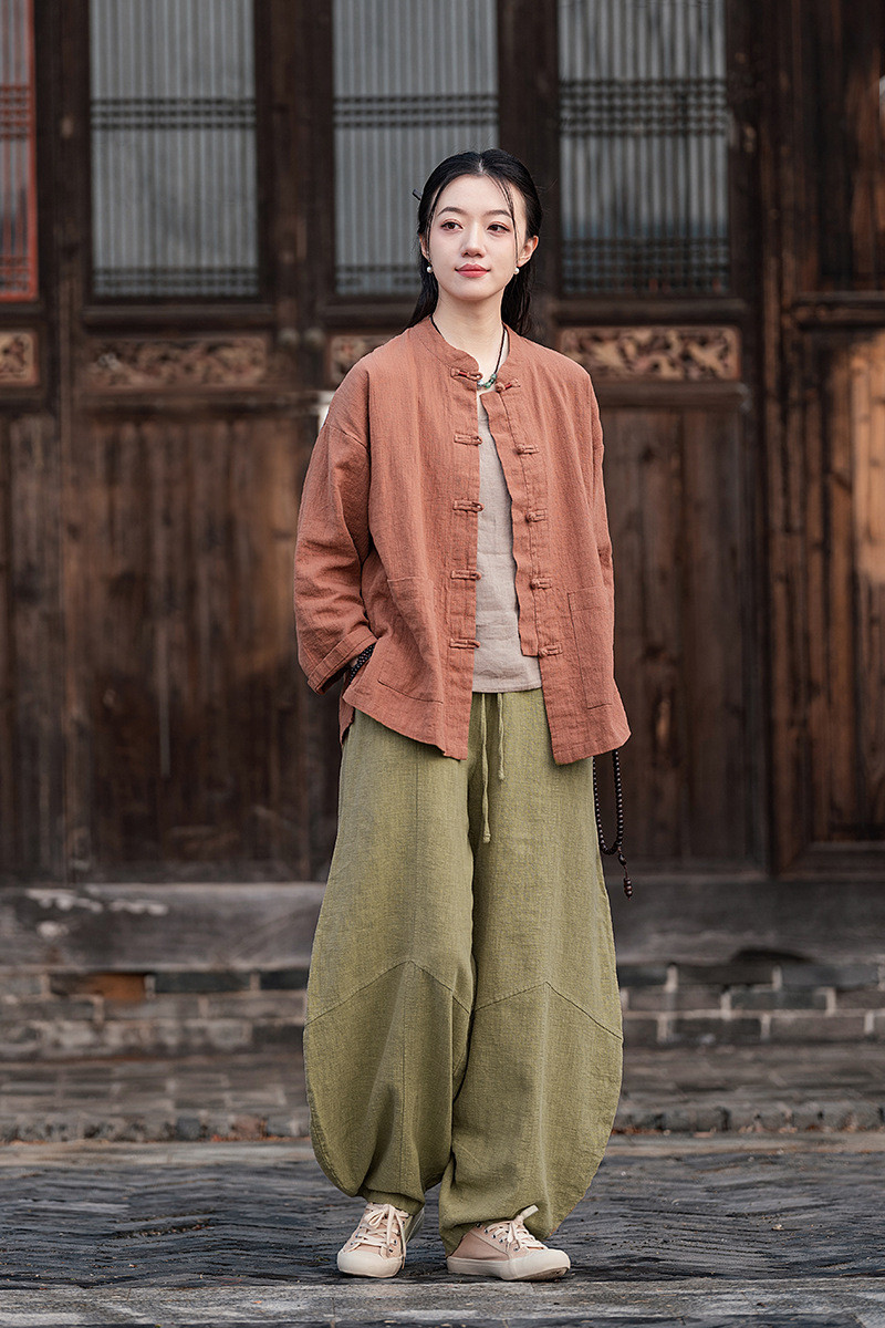 手作ラミー麻綿襟を開くシャツ 綿制ブラウス #赤橙色