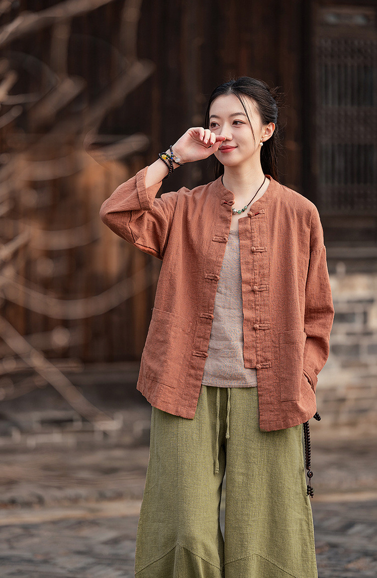 手作ラミー麻綿襟を開くシャツ 綿制ブラウス #赤橙色