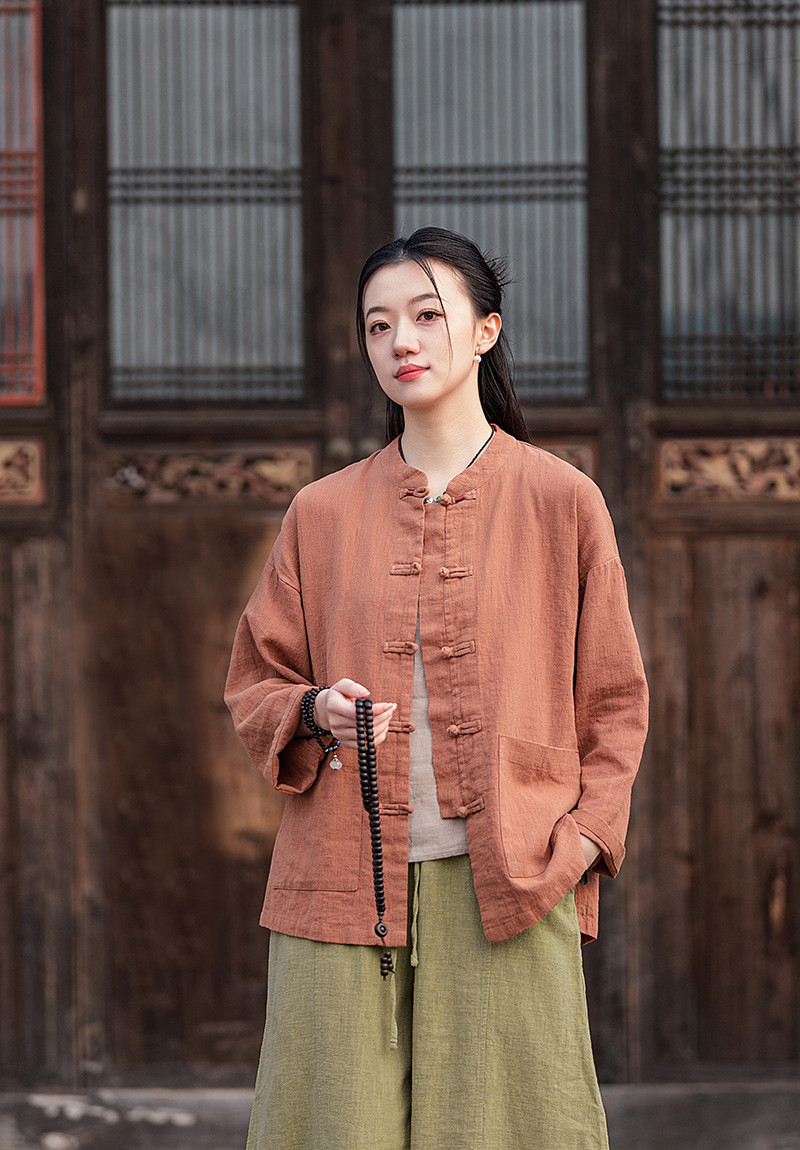 手作ラミー麻綿襟を開くシャツ 綿制ブラウス #赤橙色
