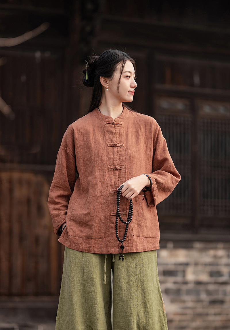 手作ラミー麻綿襟を開くシャツ 綿制ブラウス #赤橙色