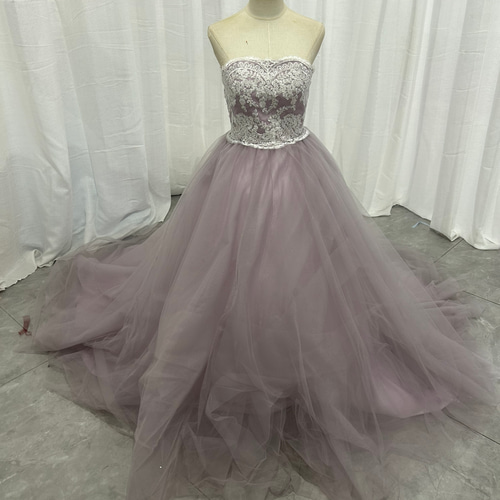 カラードレス オーキッド ベアトップ 繊細レース ロングトレーン  