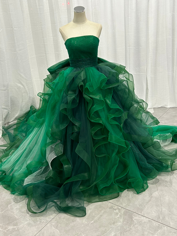 グリーン カラードレス ベアトップ ラッフルフリル グラデーション  