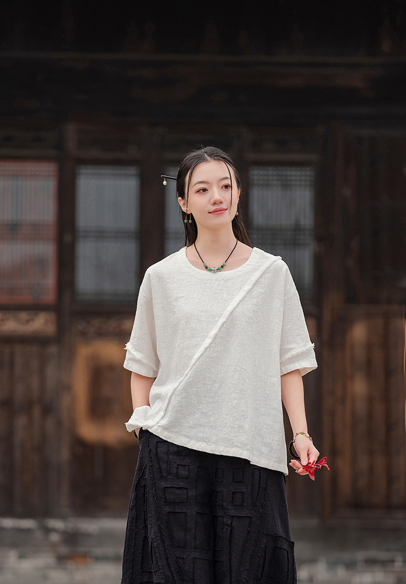 手作ラミー麻綿ラウンドネックカットソー 長袖 ドルマンスリーブTシャツ #白色