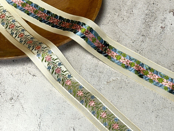 0.35m ◇ フランス製リボン ◇ ボタニカル柄 ◇ ライトベージュ【tape-No,051-0.35】 3枚目の画像