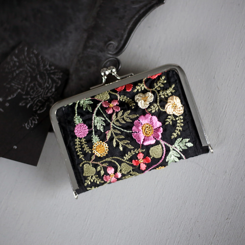 インド刺繍ブレード がま口カードケース 花柄 フラワー スパンコール