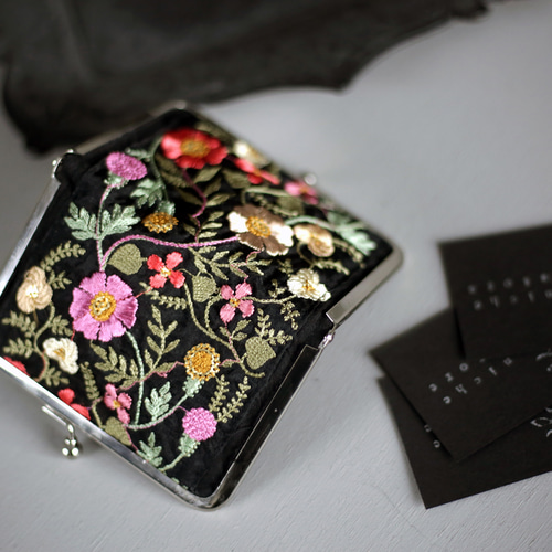 インド刺繍ブレード がま口カードケース 花柄 フラワー スパンコール