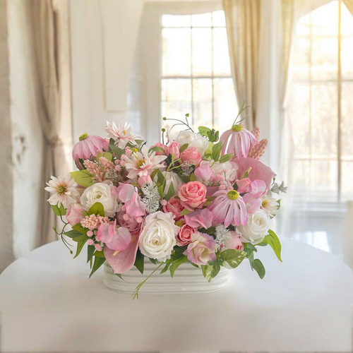 ピンクホワイト造花フラワーアレンジメント 光触媒フラワー ピンク系バラと春の花々が咲き誇るフラワー