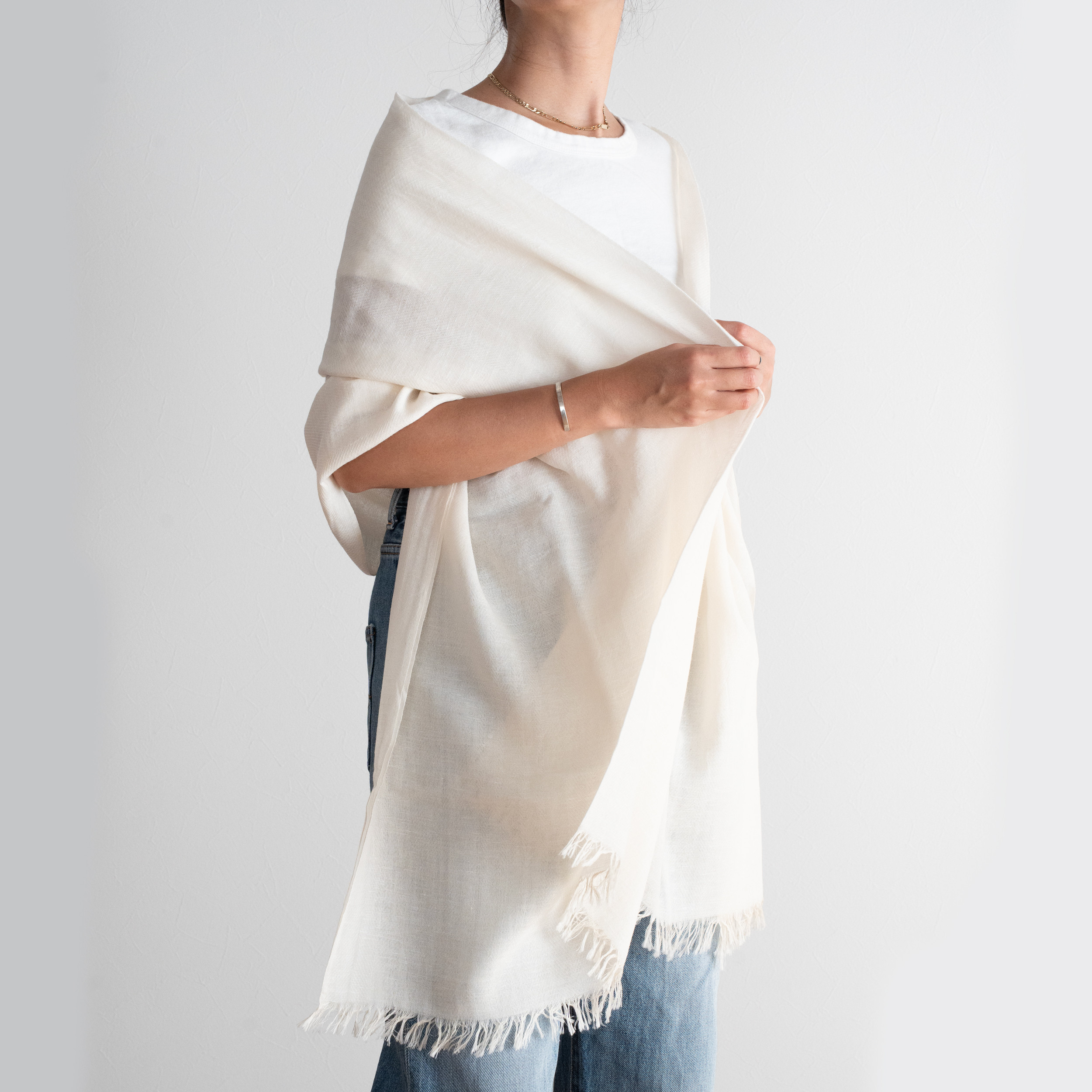 播州織 コットンリネン大判ストール オフホワイト 透け感/ショール