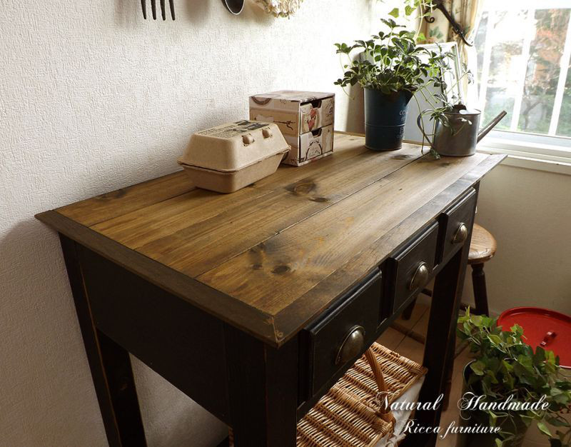 無垢材　ブラック　コンソール　テーブル　アンティーク調