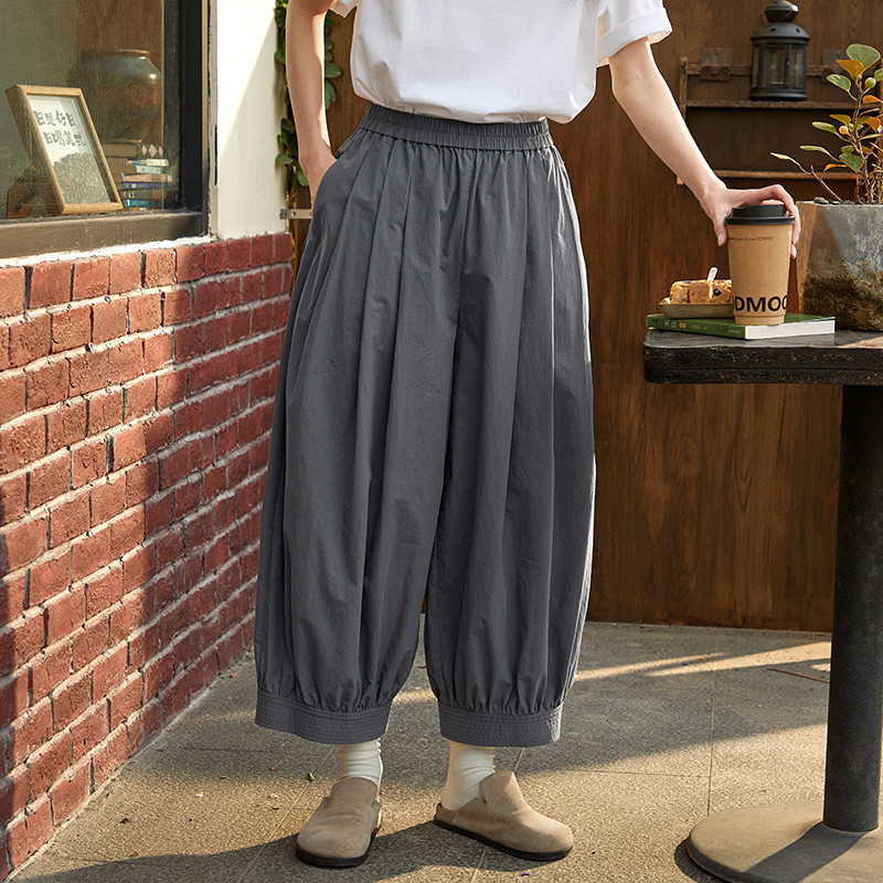 9分丈ゴムウエストワイドパンツ　100%コットンゆとりパンツ　3色　グレー　S-Mサイズ　S431