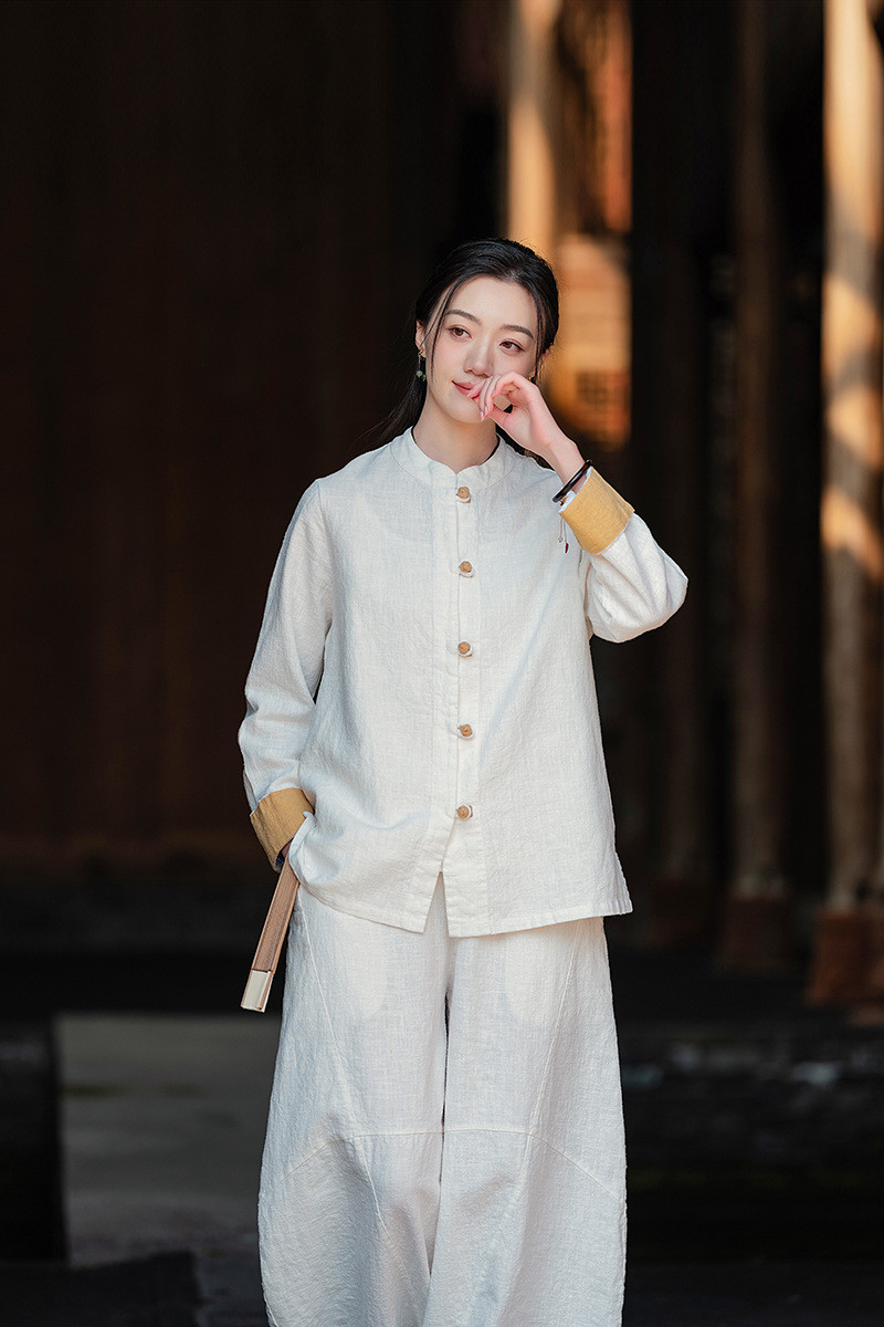 手作ラミー麻綿襟を開くシャツ 綿制ブラウス #白色