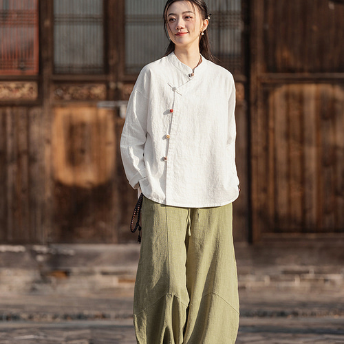 春夏新作綿麻婦人服 手作ラミー麻綿襟を開くシャツ 綿制ブラウス #白色