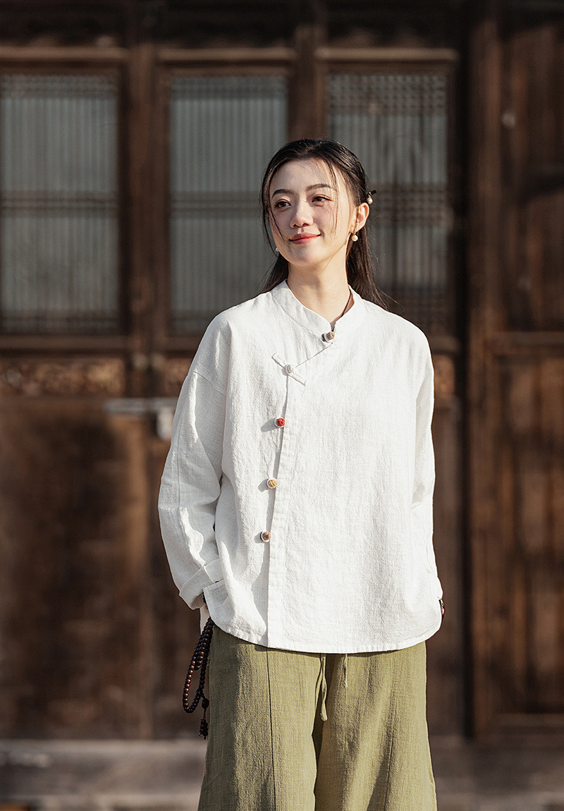 春夏新作綿麻婦人服 手作ラミー麻綿襟を開くシャツ 綿制ブラウス #白色