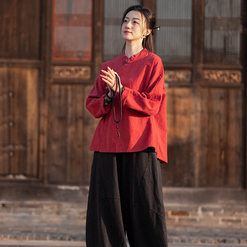 最安値級価格 春夏新作綿麻婦人服 手作ラミー麻綿襟を開くシャツ 綿制ブラウス トップス