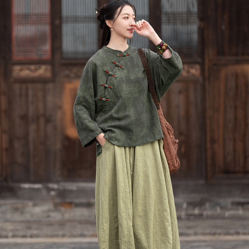 春夏新作綿麻婦人服 手染めラミー麻綿くシャツ 手巻き綿制復古ブラウス