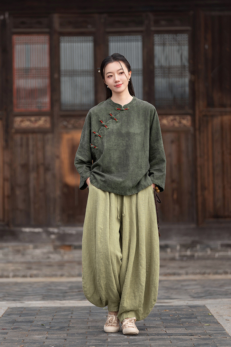 春夏新作綿麻婦人服 手染めラミー麻綿くシャツ 手巻き綿制復古ブラウス #雲影緑