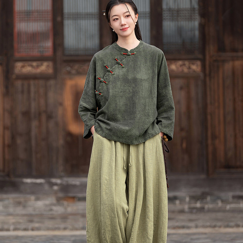 春夏新作綿麻婦人服 手染めラミー麻綿くシャツ 手巻き綿制復古ブラウス